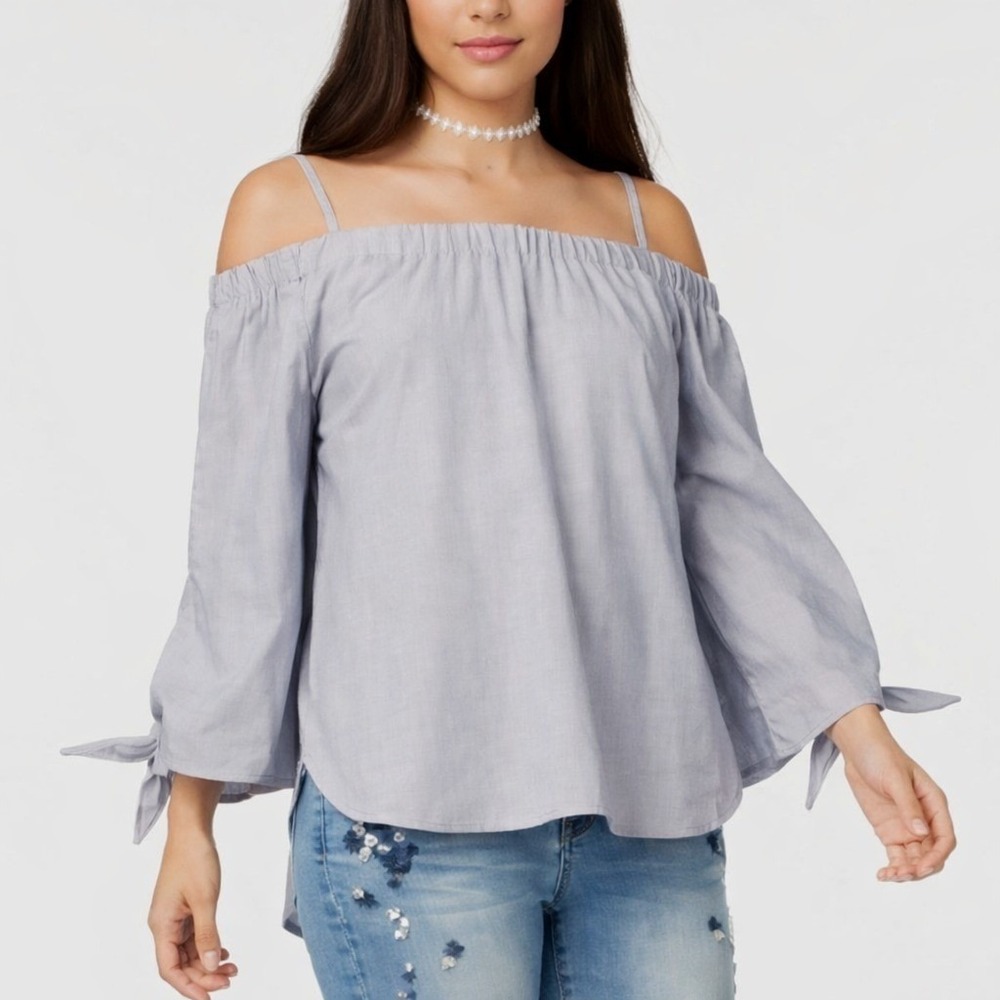 Seven Sisters Womens Off-the-Shoulder Tied Sleeves Peasant Top Size L Navy White